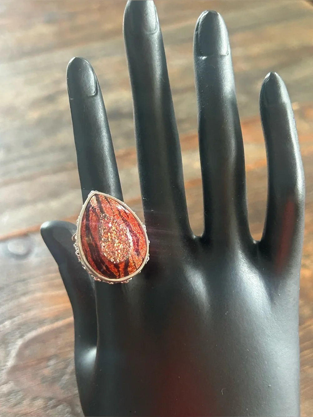 Vintage Sajen Sterling Tiger Stripe Resin Druzy Ring      Sz 7